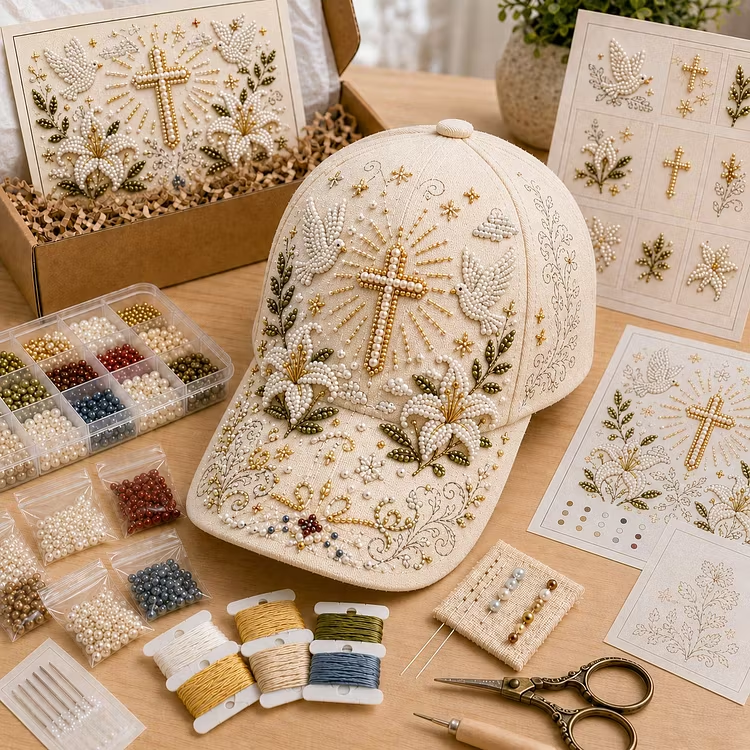 LAST DAY 50% OFF✝️🧢 Premium Christian Faith Beaded Hat DIY Kit | Luxury Flocked Canvas with Scratch-Resistant Non-Fading Pearl Beads DIY Handmade Devotional Cap Decor 🕊️