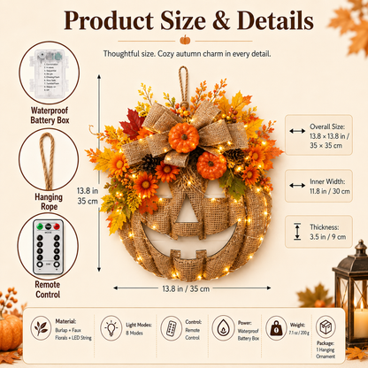 🔥Last Day Sale 50%🎃Lighted Burlap Pumpkin Wreath with Remote Control 🎃✨ Cozy Fall Door Decor with 8 Light Modes & Warm LED Glow