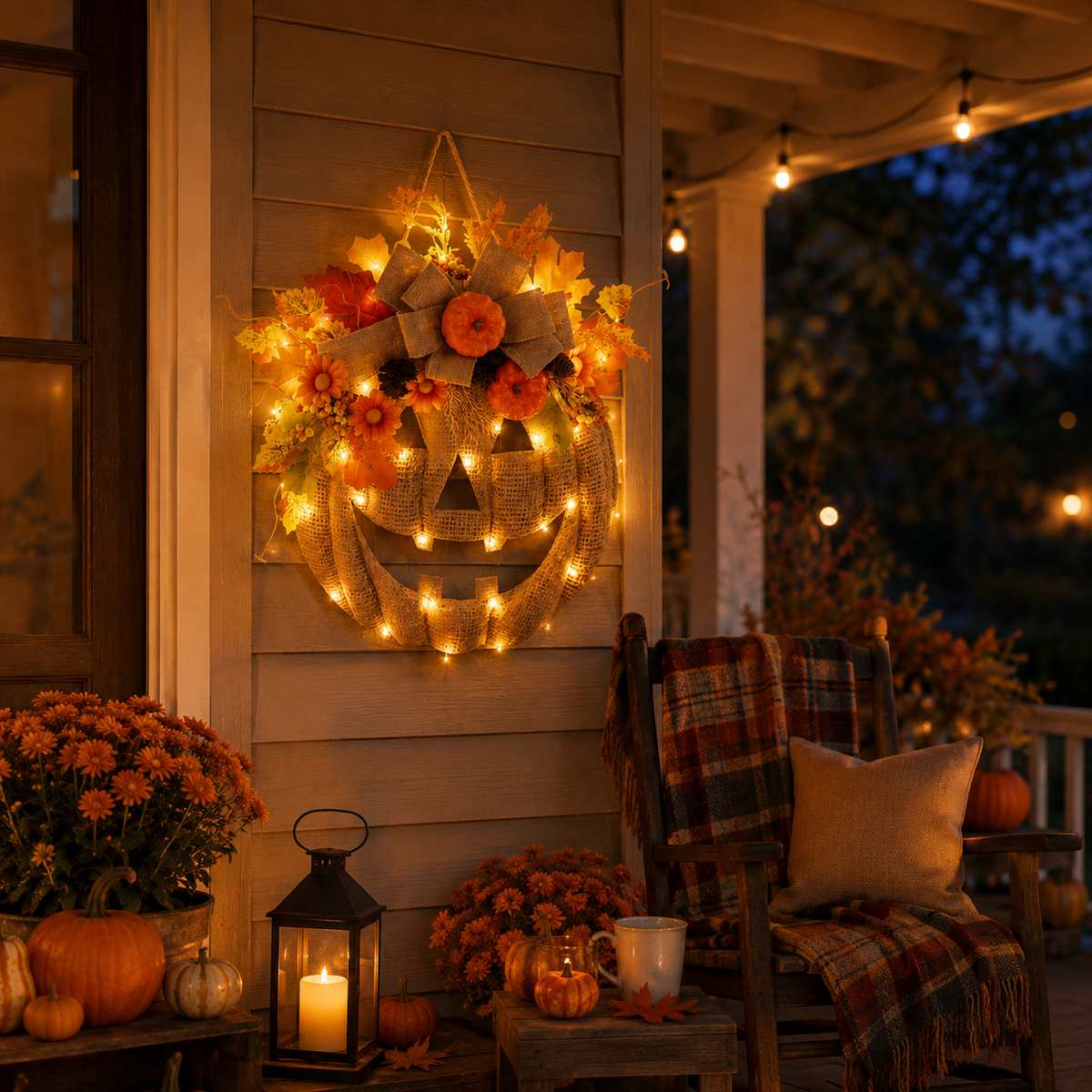 🔥Last Day Sale 50%🎃Lighted Burlap Pumpkin Wreath with Remote Control 🎃✨ Cozy Fall Door Decor with 8 Light Modes & Warm LED Glow
