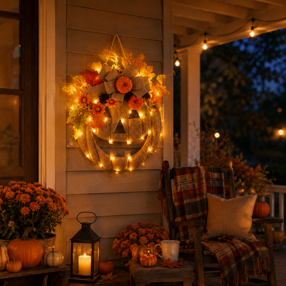 🔥Last Day Sale 50%🎃Lighted Burlap Pumpkin Wreath with Remote Control 🎃✨ Cozy Fall Door Decor with 8 Light Modes & Warm LED Glow