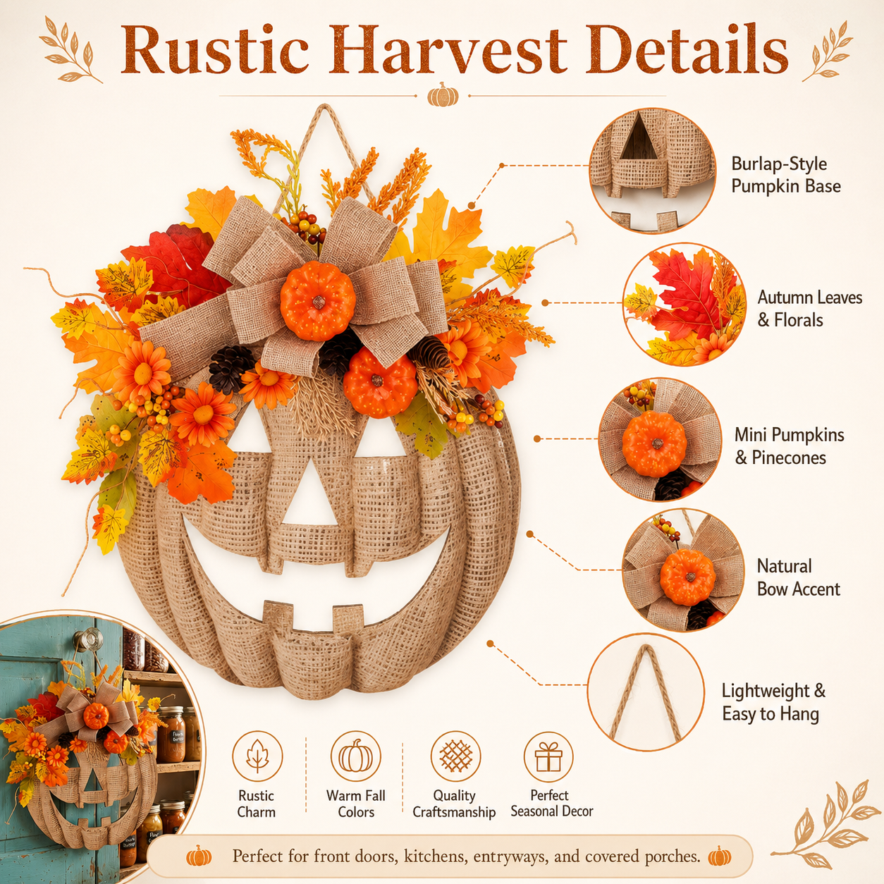 🔥Last Day Sale 50%🎃Lighted Burlap Pumpkin Wreath with Remote Control 🎃✨ Cozy Fall Door Decor with 8 Light Modes & Warm LED Glow
