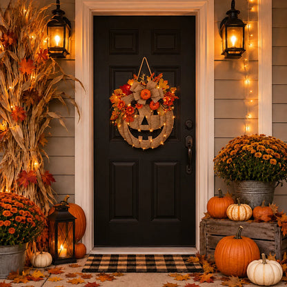 🔥Last Day Sale 50%🎃Lighted Burlap Pumpkin Wreath with Remote Control 🎃✨ Cozy Fall Door Decor with 8 Light Modes & Warm LED Glow