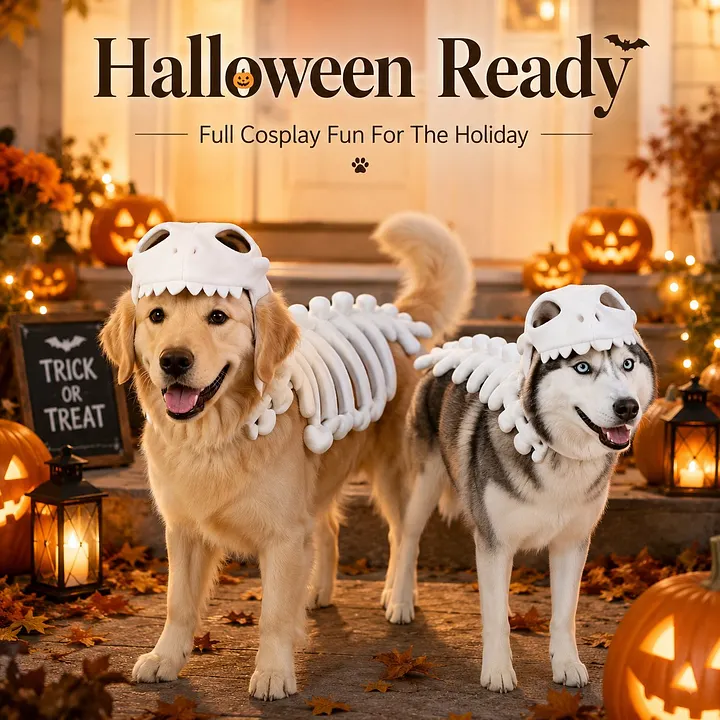 LAST DAY 50% OFF🐾Dinosaur Skeleton Costume for Dogs & Cats | Soft Plush Halloween Pet Costume