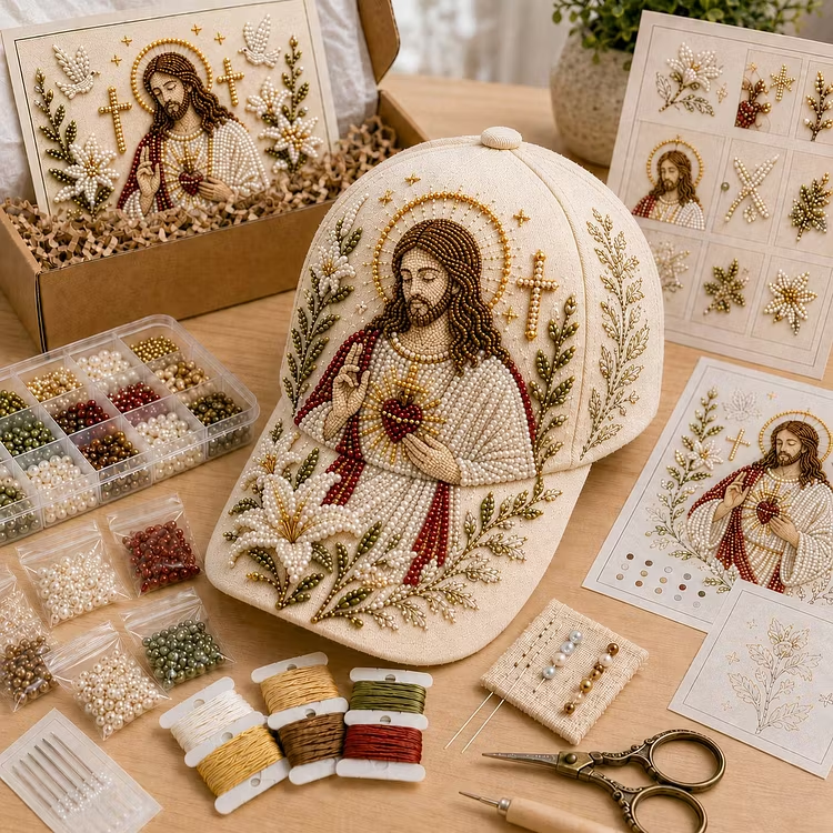 LAST DAY 50% OFF✝️🧢 Premium Christian Faith Beaded Hat DIY Kit | Luxury Flocked Canvas with Scratch-Resistant Non-Fading Pearl Beads DIY Handmade Devotional Cap Decor 🕊️