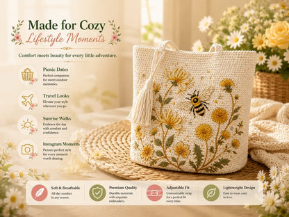 🔥Last Day 49% OFF-🐝 Handmade Crochet Bee Embroidered Tote Bag