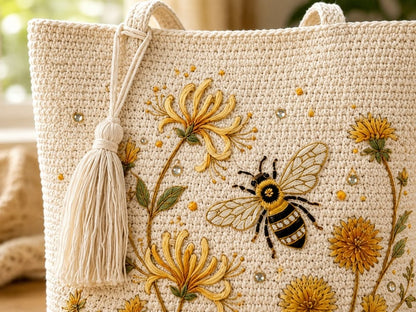 🔥Last Day 49% OFF-🐝 Handmade Crochet Bee Embroidered Tote Bag