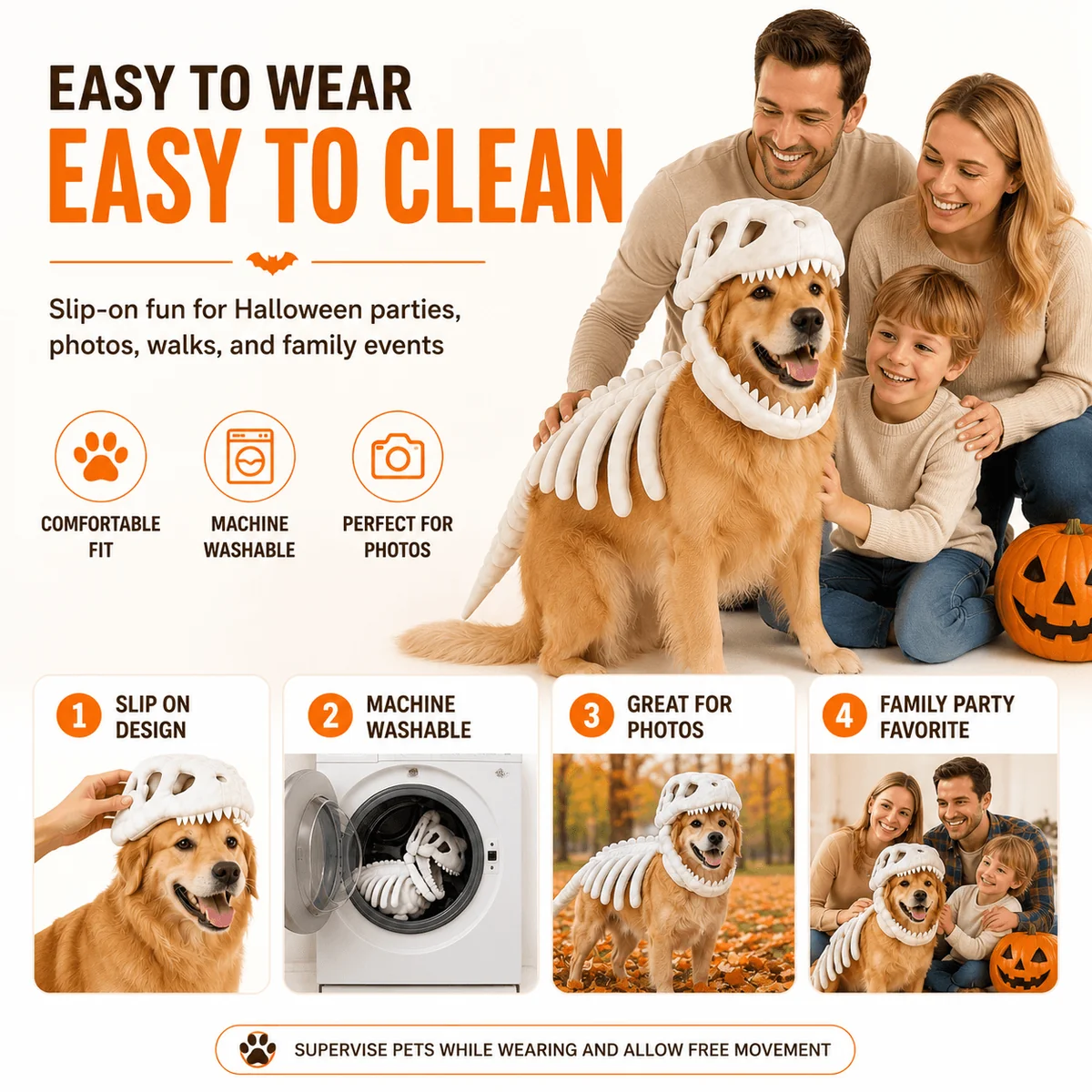 LAST DAY 50% OFF🐾Dinosaur Skeleton Costume for Dogs & Cats | Soft Plush Halloween Pet Costume