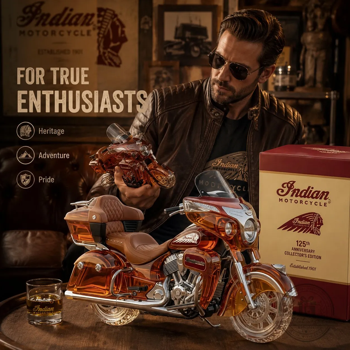🔥Last Day 50% OFF🥃Indian Motorcycle Roadmaster 125th Anniversary Collectors Edition Whiskey Bottle