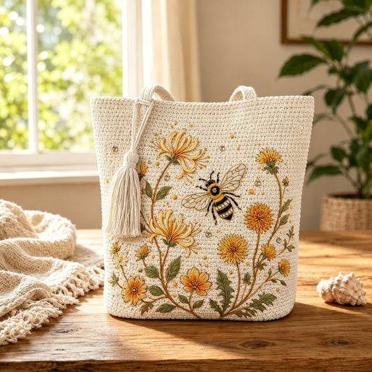 🔥Last Day 49% OFF-🐝 Handmade Crochet Bee Embroidered Tote Bag