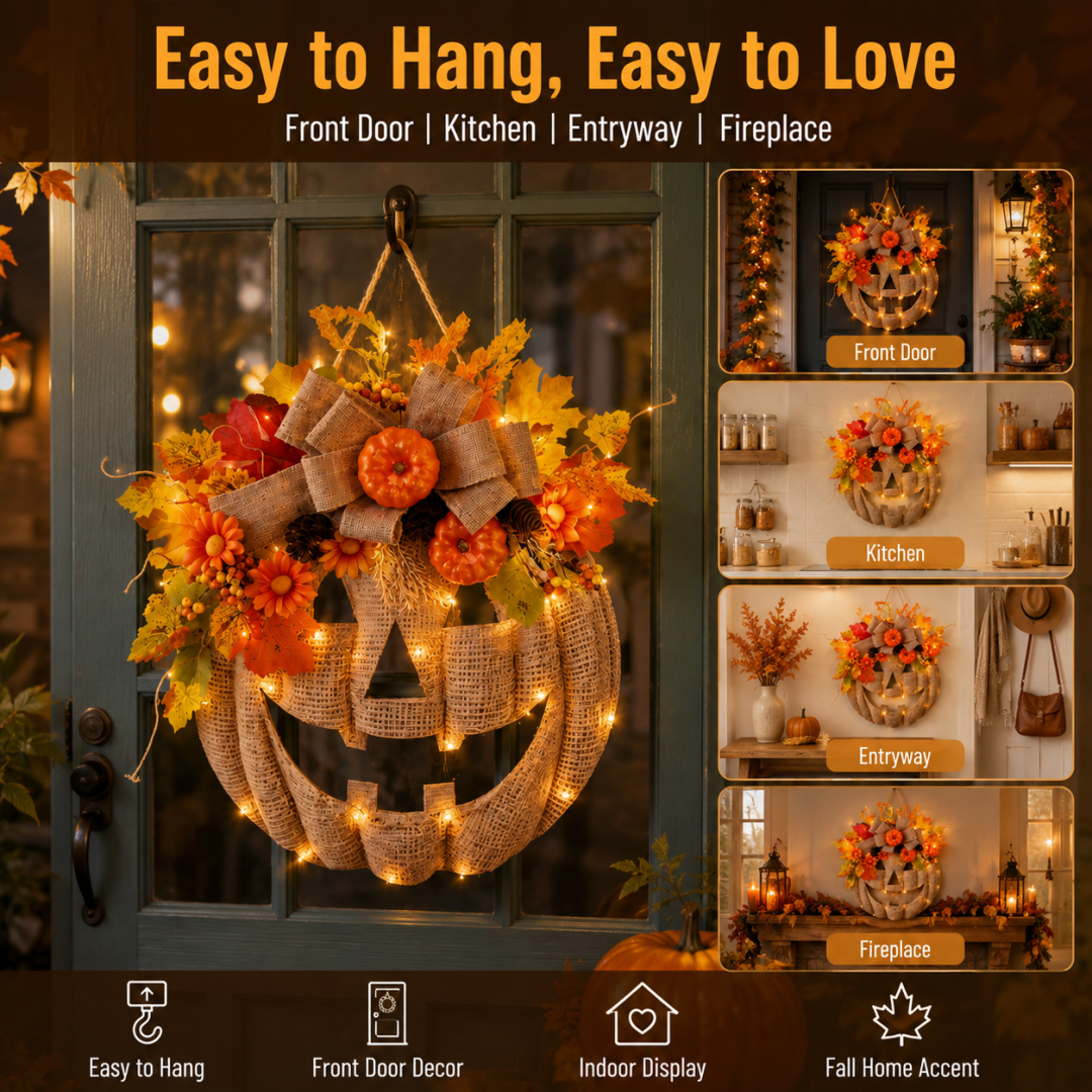 🔥Last Day Sale 50%🎃Lighted Burlap Pumpkin Wreath with Remote Control 🎃✨ Cozy Fall Door Decor with 8 Light Modes & Warm LED Glow
