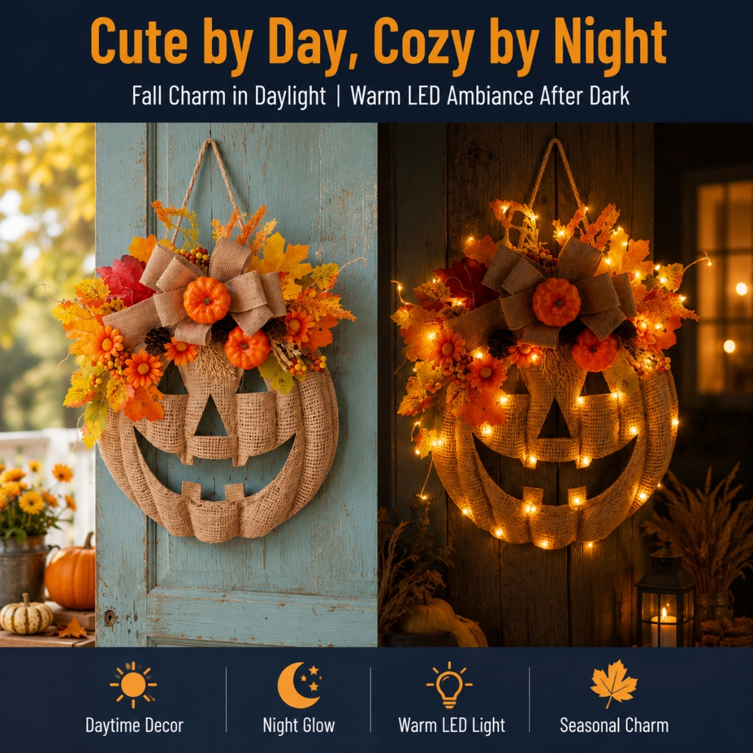 🔥Last Day Sale 50%🎃Lighted Burlap Pumpkin Wreath with Remote Control 🎃✨ Cozy Fall Door Decor with 8 Light Modes & Warm LED Glow