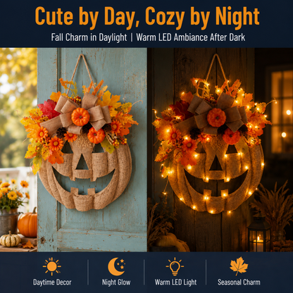 🔥Last Day Sale 50%🎃Lighted Burlap Pumpkin Wreath with Remote Control 🎃✨ Cozy Fall Door Decor with 8 Light Modes & Warm LED Glow