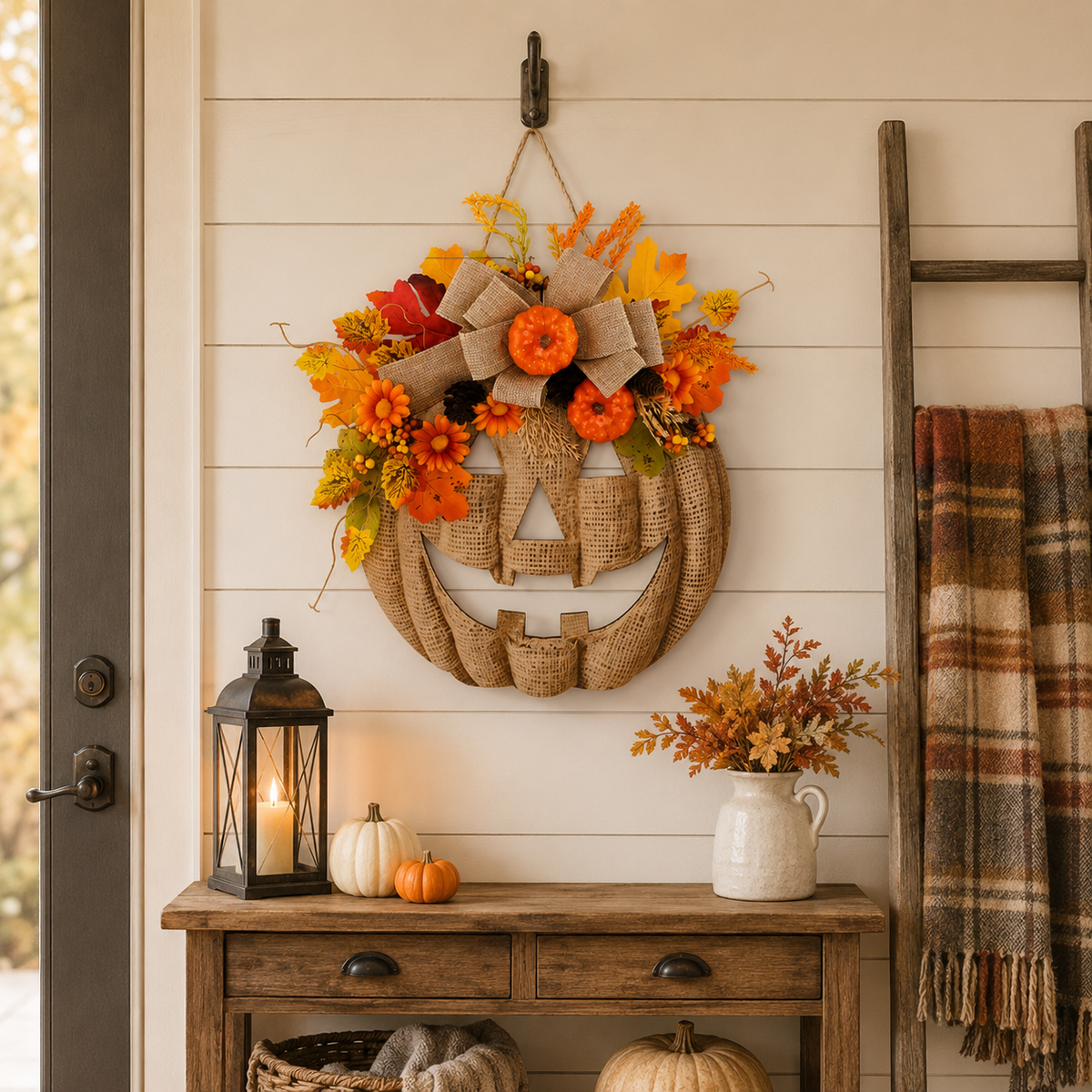🔥Last Day Sale 50%🎃Lighted Burlap Pumpkin Wreath with Remote Control 🎃✨ Cozy Fall Door Decor with 8 Light Modes & Warm LED Glow