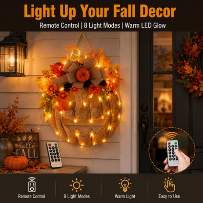 🔥Last Day Sale 50%🎃Lighted Burlap Pumpkin Wreath with Remote Control 🎃✨ Cozy Fall Door Decor with 8 Light Modes & Warm LED Glow