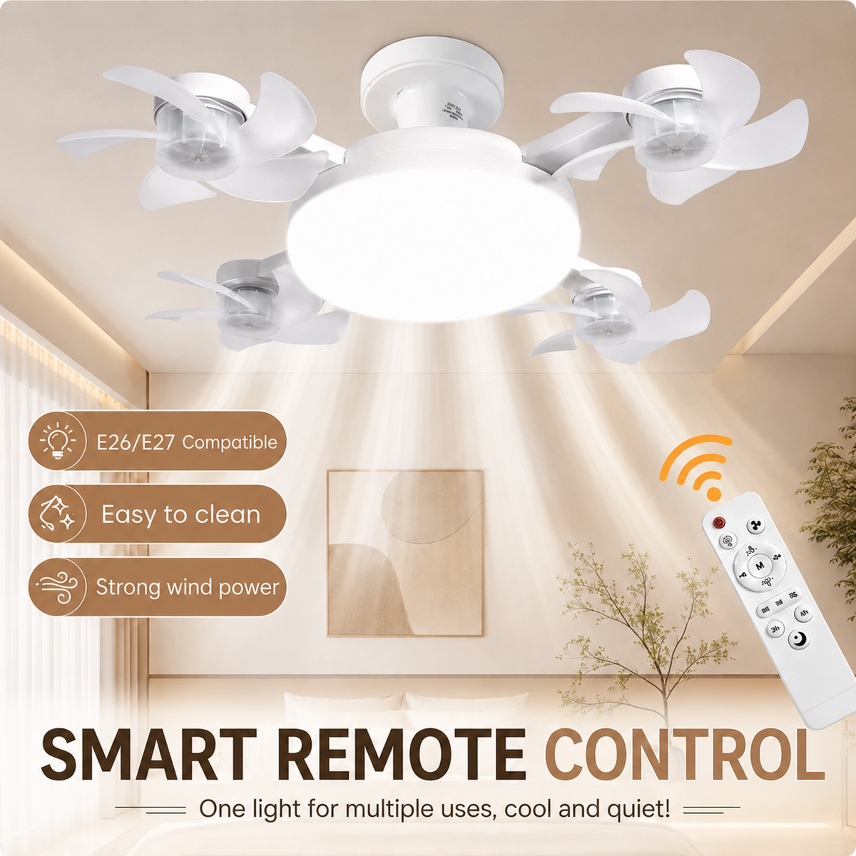 🔥Last Day 50% OFF🌀New E26/E27 Socket Ceiling Fan Light – 2‑in‑1 Silent LED Fan with Remote Control, Energy‑Saving Cooling & Lighting Combo for Home Bedroom