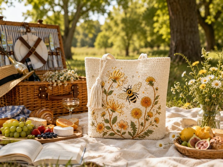 🔥Last Day 49% OFF-🐝 Handmade Crochet Bee Embroidered Tote Bag