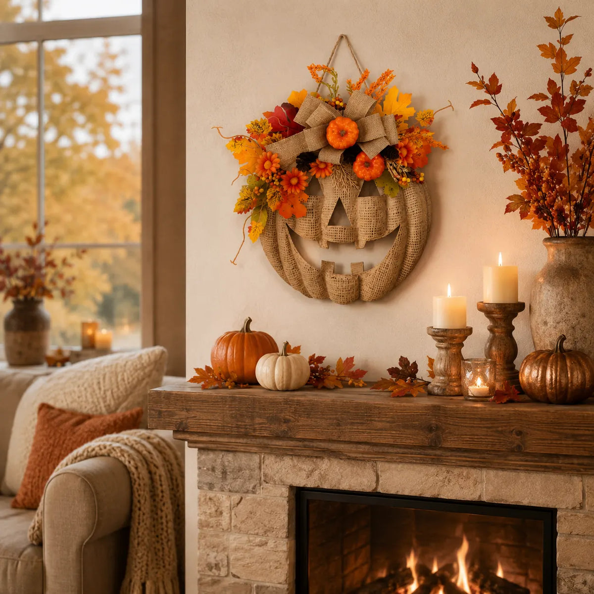 🔥Last Day Sale 50%🎃Lighted Burlap Pumpkin Wreath with Remote Control 🎃✨ Cozy Fall Door Decor with 8 Light Modes & Warm LED Glow