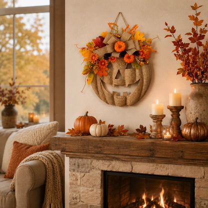🔥Last Day Sale 50%🎃Lighted Burlap Pumpkin Wreath with Remote Control 🎃✨ Cozy Fall Door Decor with 8 Light Modes & Warm LED Glow